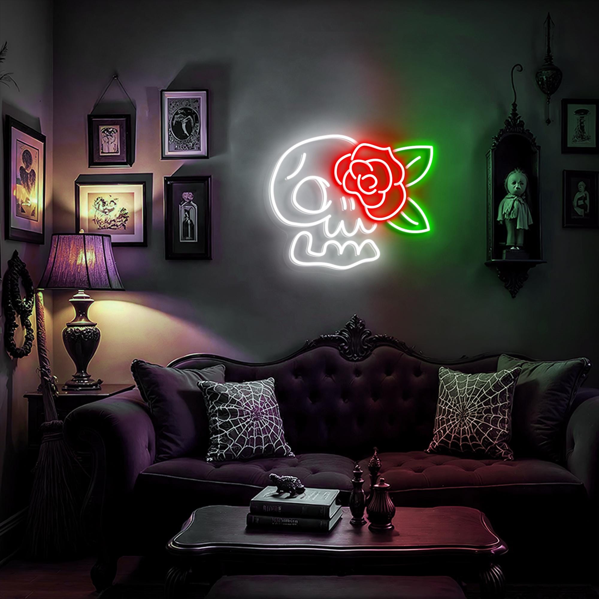 Skull Rose Neon Sign Custom Spooky Neon Light Skeleton Themed Decor, Gothic gift for Gothic Lovers, Halloween Decor Valentine Wall Art