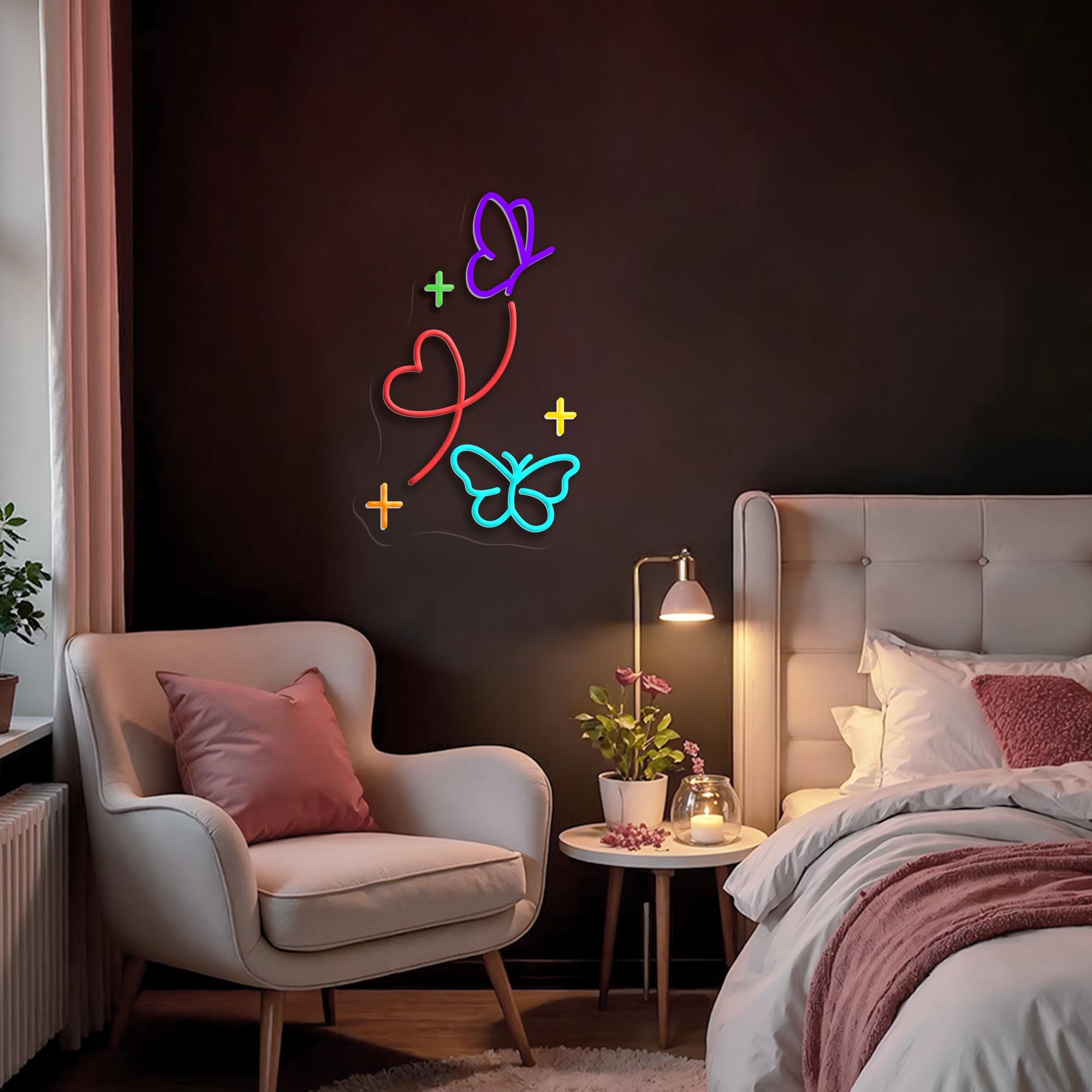 Butterfly Heart Neon Sign Aesthetic LED Light for Girls Room Cute Wall Art Bedroom Decor Colorful Neon Sign Gift for Teens Wedding Party
