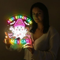 Funny Mexican Ghost Neon, Aqui Espantan Ghost Neon for Halloween, Spooky Mexican Ghost Neon, Cute Spanish Halloween Neon,Mexican Boo Neon.
