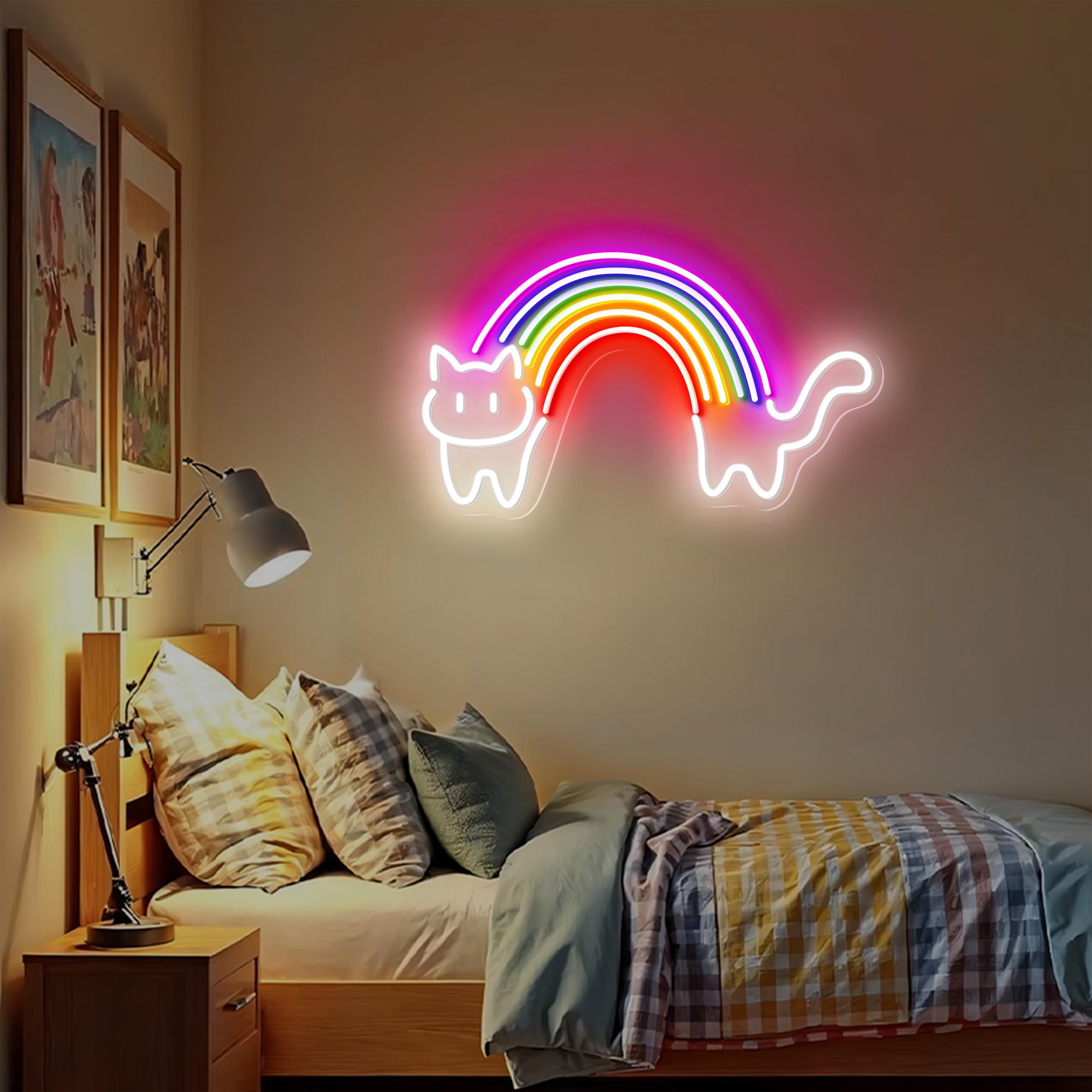 Rainbow Cat Neon Sign Rainbow Neon Light Cute Kawaii Light for Bedroom, Game Room, Kids Room, Aesthetic Wall Decor, Colorful Cat Lover Gift