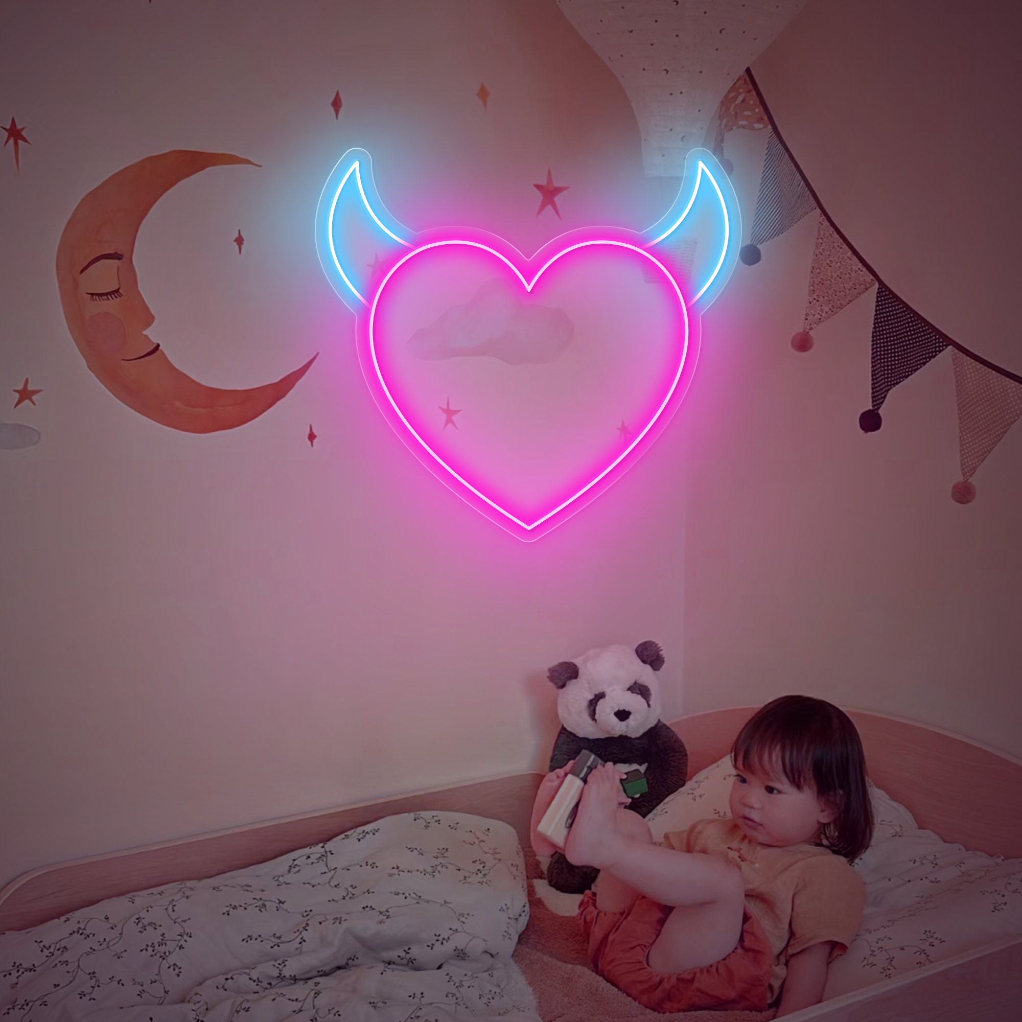 Heart With Horns Neon Sign, Devil Heart, Devil Horns Heart Sign Light Decor, Neon Sign Wall Decor, Neon Sign Bedroom, Heart Neon Light