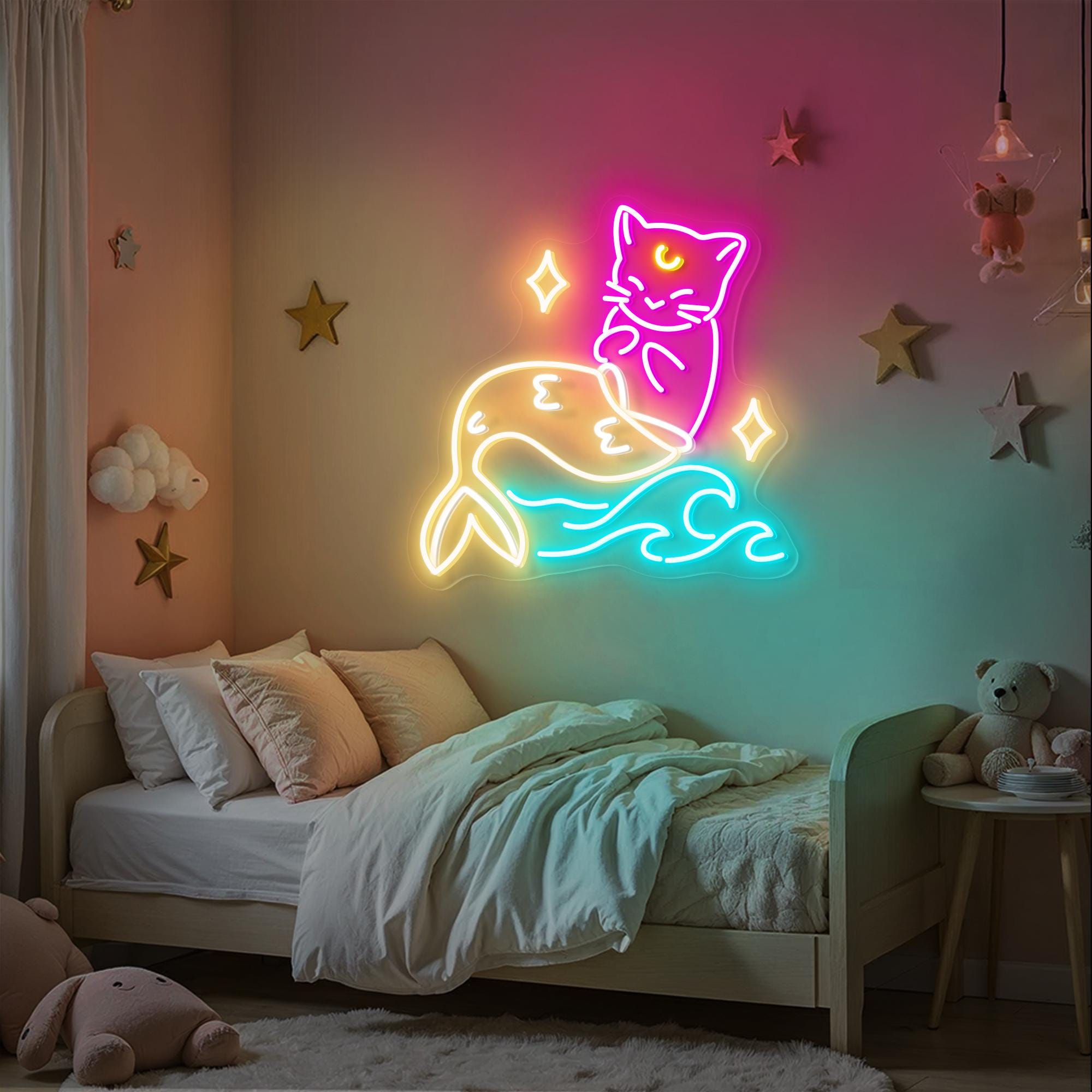 Mermaid Meow Neon Sign Cat Neon Light Kawaii Aesthetic Light Cute Fantasy Wall Decor Whimsical Ocean Themed Gift Cozy Lamp for Cat Lovers