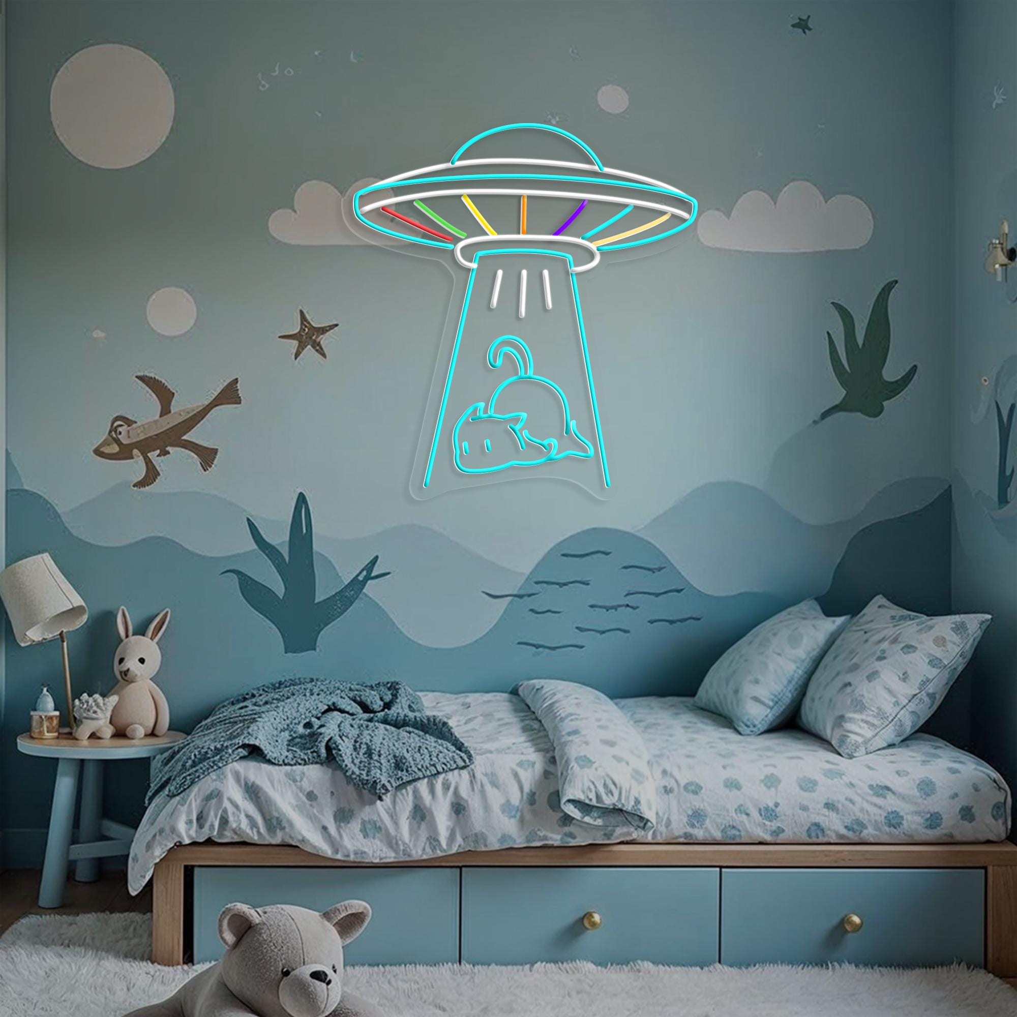 UFO Cat Neon Sign Alien Abduction LED Light, Cute Space Decor, Kawaii Cat Lover Gift, Game Room Wall Art, Bedroom Aesthetic Neon Light