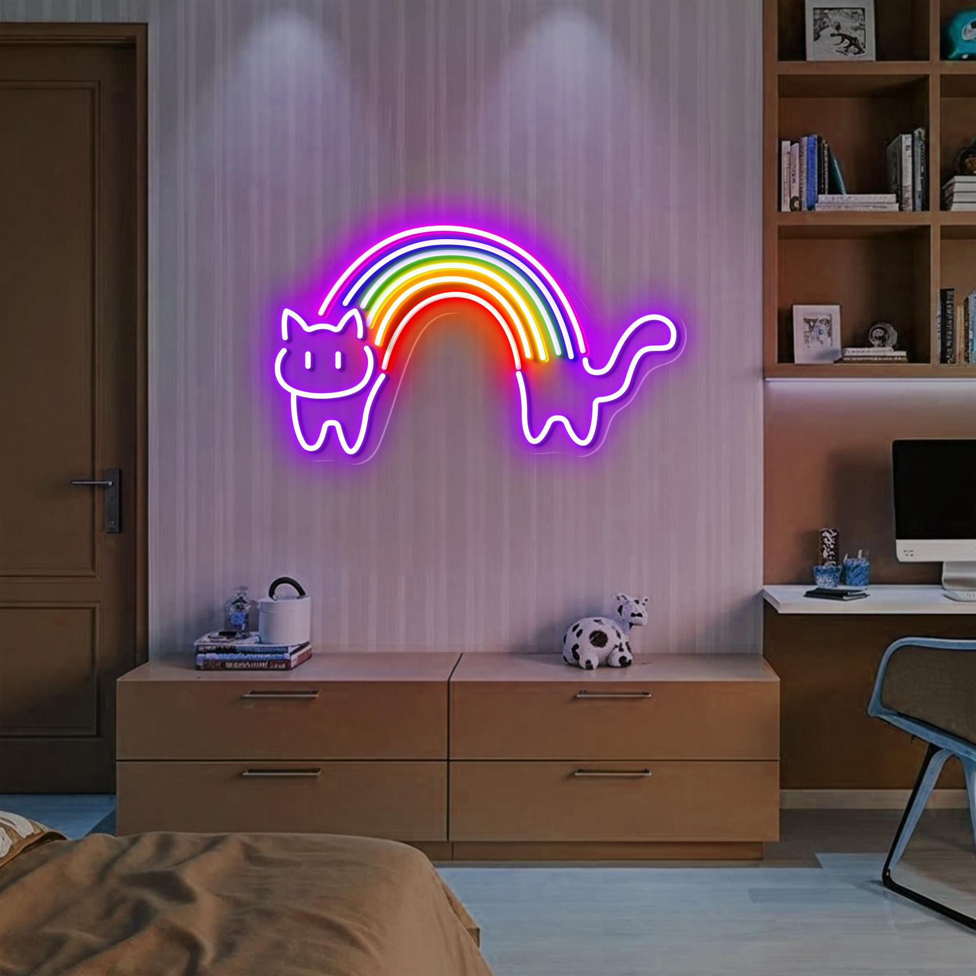 Rainbow Cat Neon Sign Rainbow Neon Light Cute Kawaii Light for Bedroom, Game Room, Kids Room, Aesthetic Wall Decor, Colorful Cat Lover Gift