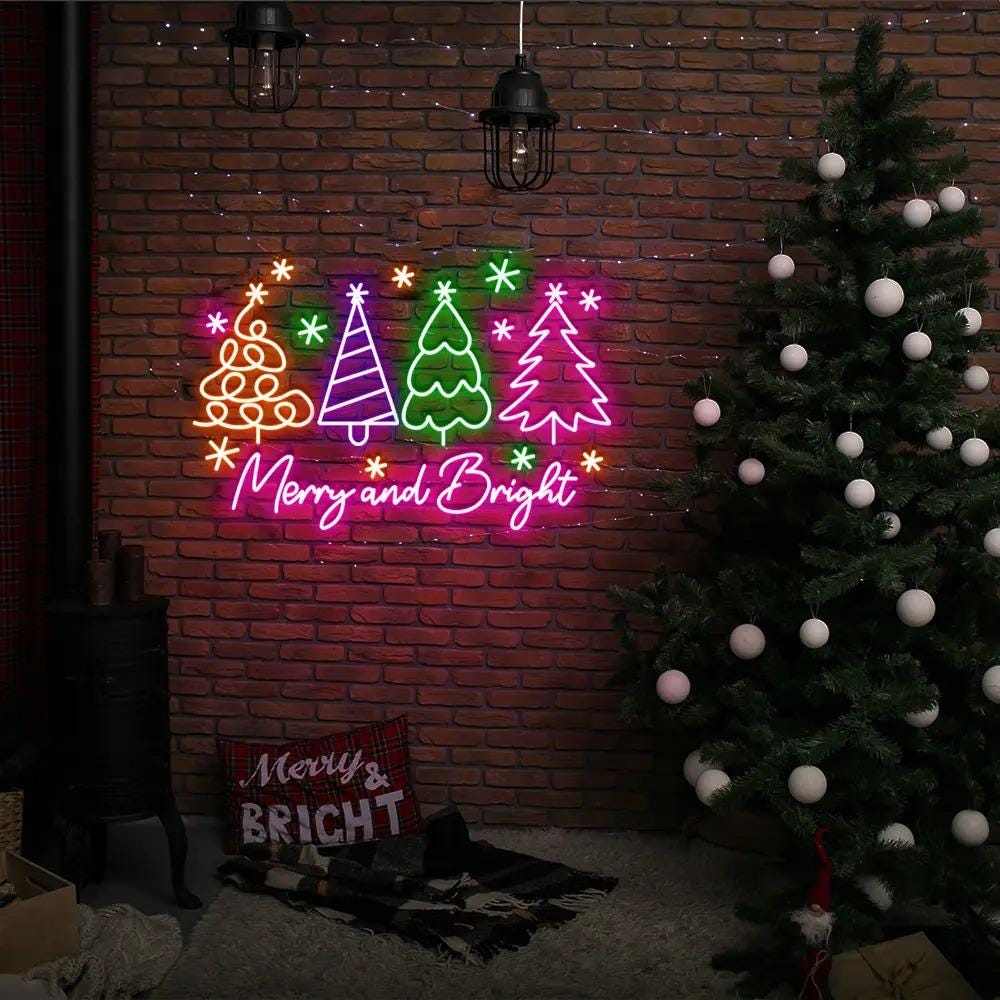 Merry & Bright Christmas Trees Neon Sign Gifts, Merry Christmas Neon Sign, Trees Neon Sign, Gift For Family, Christmas Neon Sign Gifts.