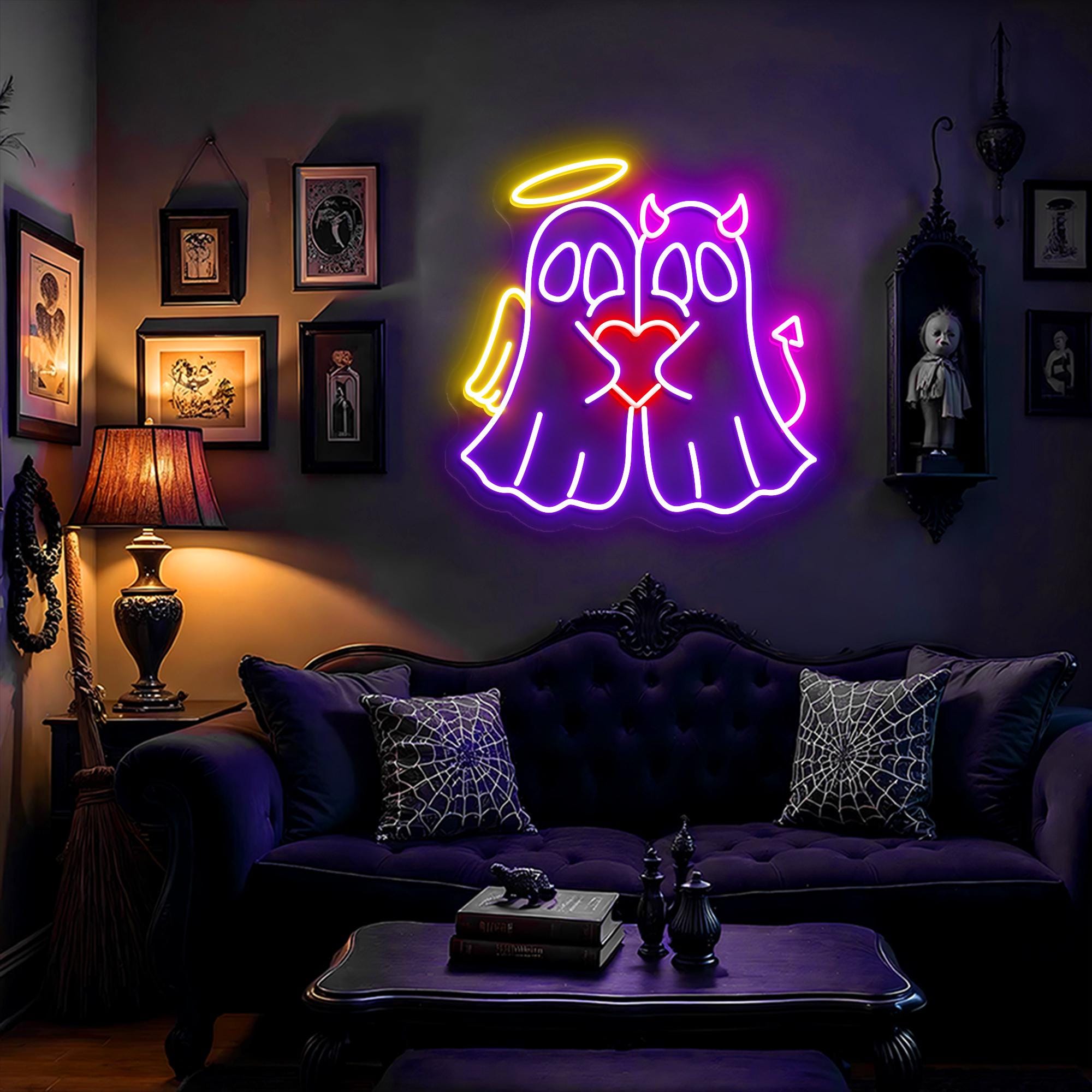 Angel Devil Ghost Neon Sign Halloween Aesthetic LED Light Cute Wall Art Couple Decor Spooky Room Decor Gift for Lovers Gothic Bedroom Decor