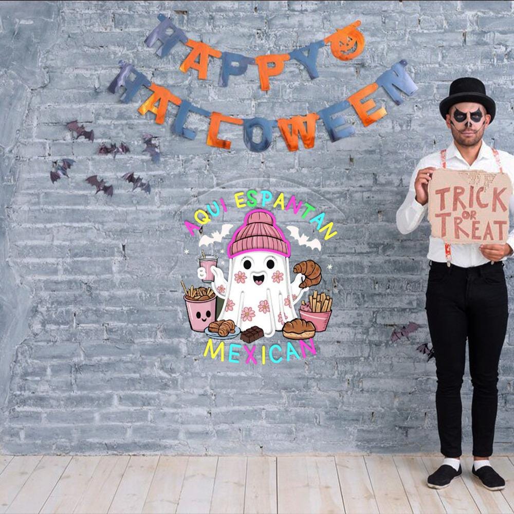 Funny Mexican Ghost Neon, Aqui Espantan Ghost Neon for Halloween, Spooky Mexican Ghost Neon, Cute Spanish Halloween Neon,Mexican Boo Neon.