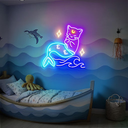 Mermaid Meow Neon Sign Cat Neon Light Kawaii Aesthetic Light Cute Fantasy Wall Decor Whimsical Ocean Themed Gift Cozy Lamp for Cat Lovers