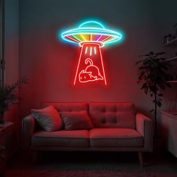 UFO Cat Neon Sign Alien Abduction LED Light, Cute Space Decor, Kawaii Cat Lover Gift, Game Room Wall Art, Bedroom Aesthetic Neon Light