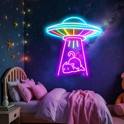 UFO Cat Neon Sign Alien Abduction LED Light, Cute Space Decor, Kawaii Cat Lover Gift, Game Room Wall Art, Bedroom Aesthetic Neon Light