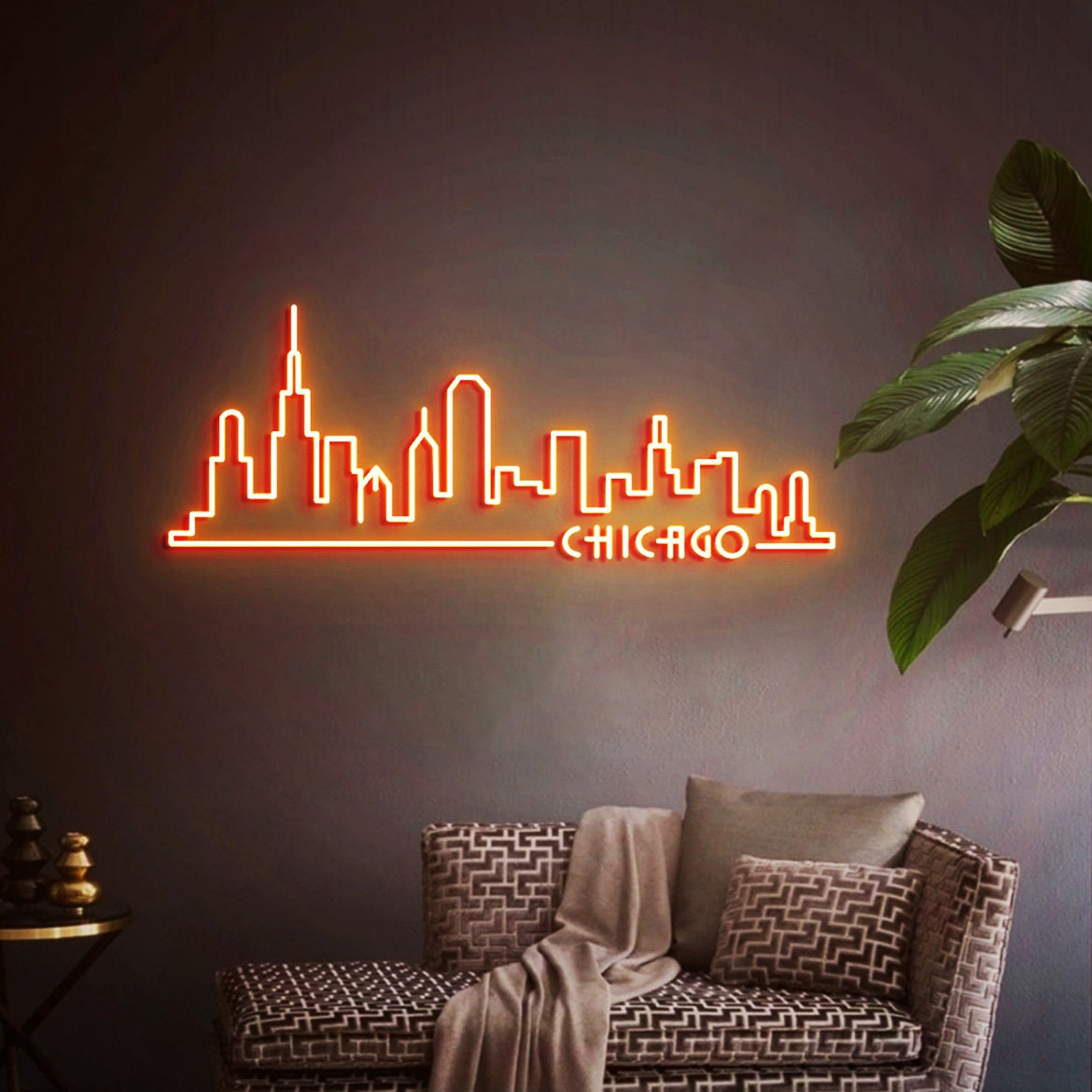 Chicago City Neon Sign, Chicago Skyline Art for Home Office Wall Decoration, Gift for Chicago Travel, Chicago Artwork
