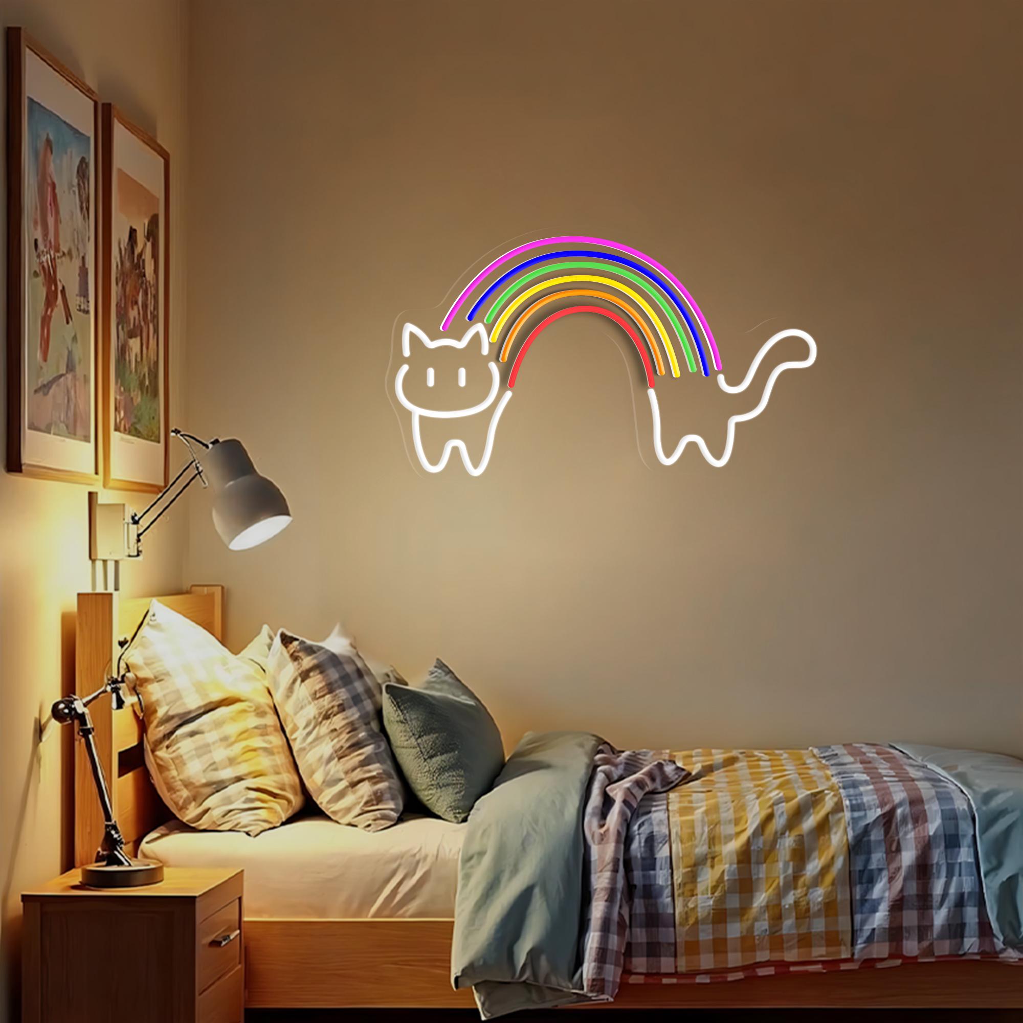 Rainbow Cat Neon Sign Rainbow Neon Light Cute Kawaii Light for Bedroom, Game Room, Kids Room, Aesthetic Wall Decor, Colorful Cat Lover Gift