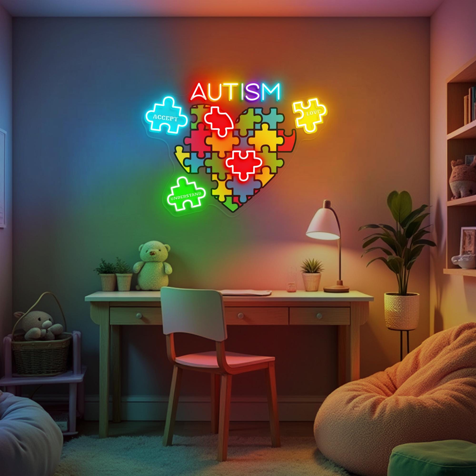 Autism Feelings Puzzle Neon Sign Mental Health Awareness LED Light Autism Classroom Sign Neurodiversity Wall Art Autism Teacher/Mom Gifts