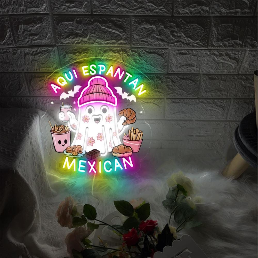Funny Mexican Ghost Neon, Aqui Espantan Ghost Neon for Halloween, Spooky Mexican Ghost Neon, Cute Spanish Halloween Neon,Mexican Boo Neon.