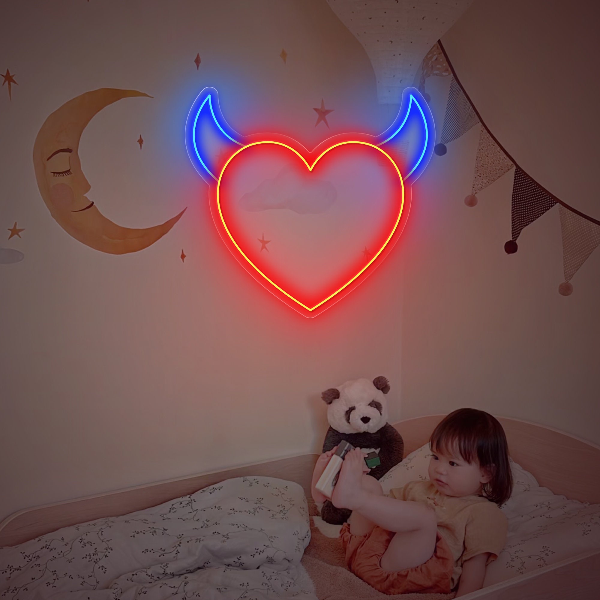 Heart With Horns Neon Sign, Devil Heart, Devil Horns Heart Sign Light Decor, Neon Sign Wall Decor, Neon Sign Bedroom, Heart Neon Light