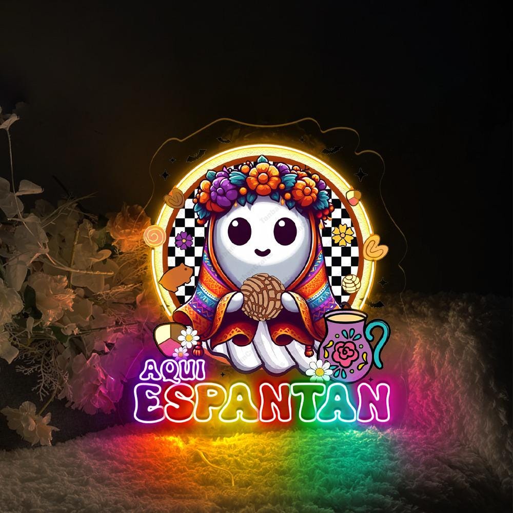 Aqui Espantan Neon, Mexico Conchas Neon, Spooky Conchas Neon, Concha Ghost, Dia De Muertos Neon, Mexico Halloween Neon, Hispanic Halloween.