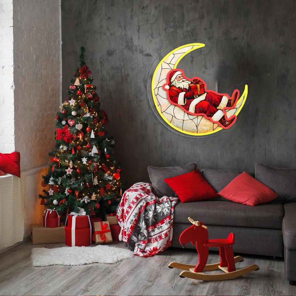 Christmas Santa Claus on the Moon Neon Sign Gifts, Christmas Holiday Acrylic Neon, Festive Xmas Neon Sign, Unique Holiday Gift, Santa Claus