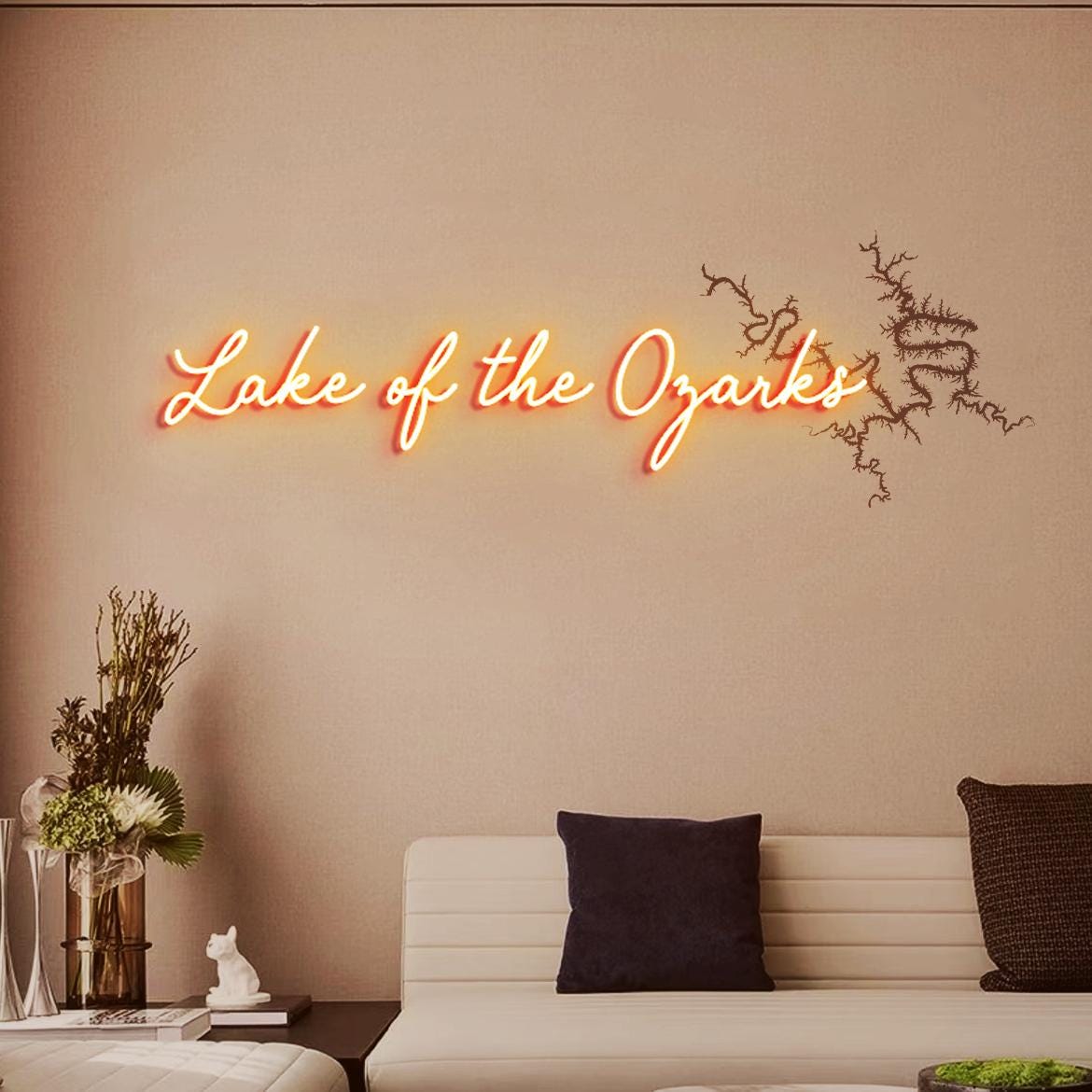 Lake of Ozarks Neon Sign, Lake Map: Lake of the Ozarks in Missouri UV Printed Lake House Wall Decorations