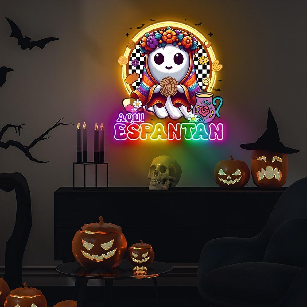 Aqui Espantan Neon, Mexico Conchas Neon, Spooky Conchas Neon, Concha Ghost, Dia De Muertos Neon, Mexico Halloween Neon, Hispanic Halloween.