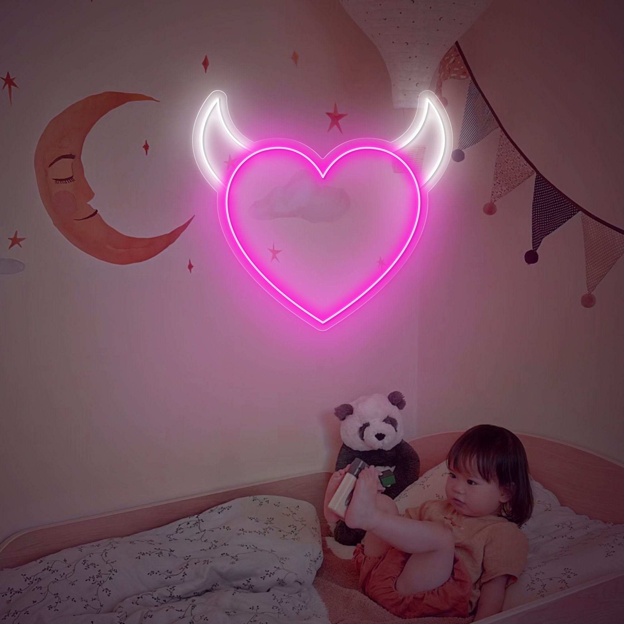 Heart With Horns Neon Sign, Devil Heart, Devil Horns Heart Sign Light Decor, Neon Sign Wall Decor, Neon Sign Bedroom, Heart Neon Light