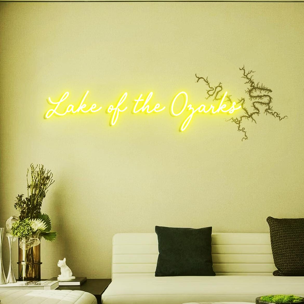 Lake of Ozarks Neon Sign, Lake Map: Lake of the Ozarks in Missouri UV Printed Lake House Wall Decorations