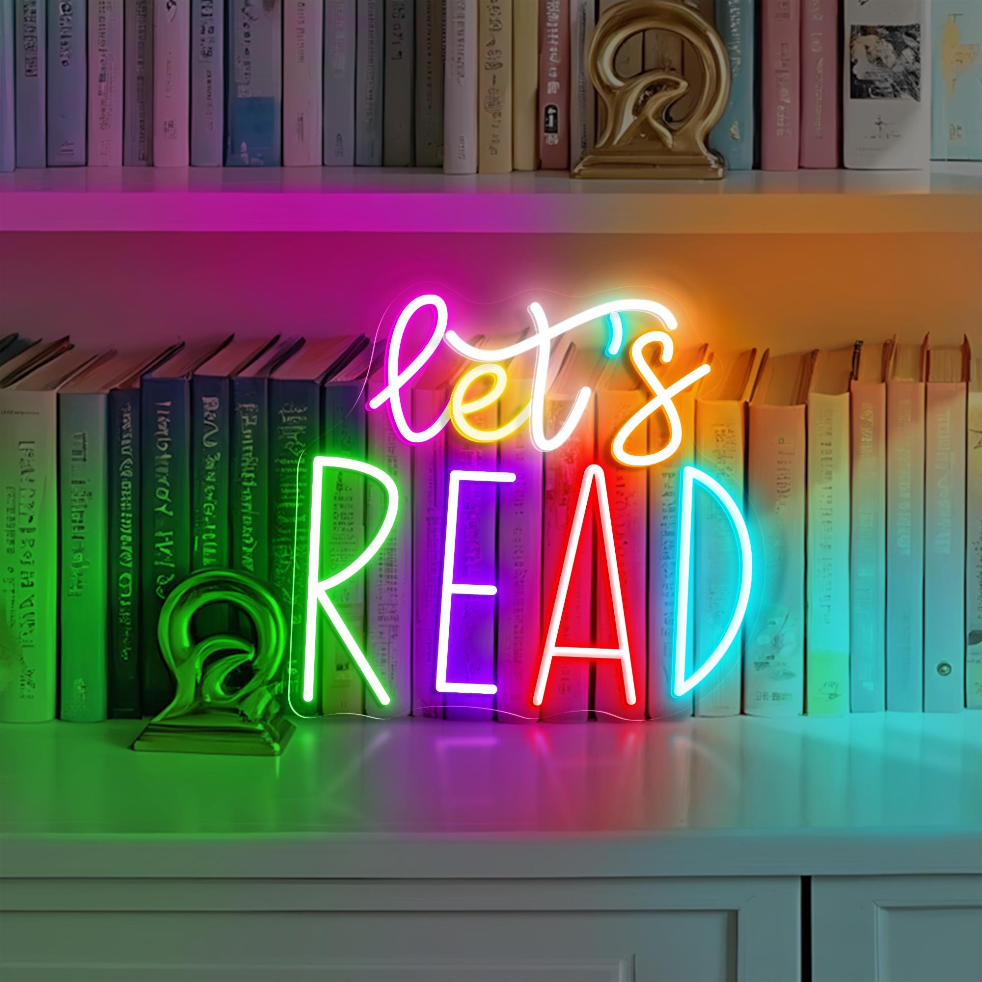 Let's Read Neon Sign Classroom Educational Neon Sign Decor Classroom Decor Pastel Rainbow Neon Book Nook Library Neon Decor Bookshelf Decor