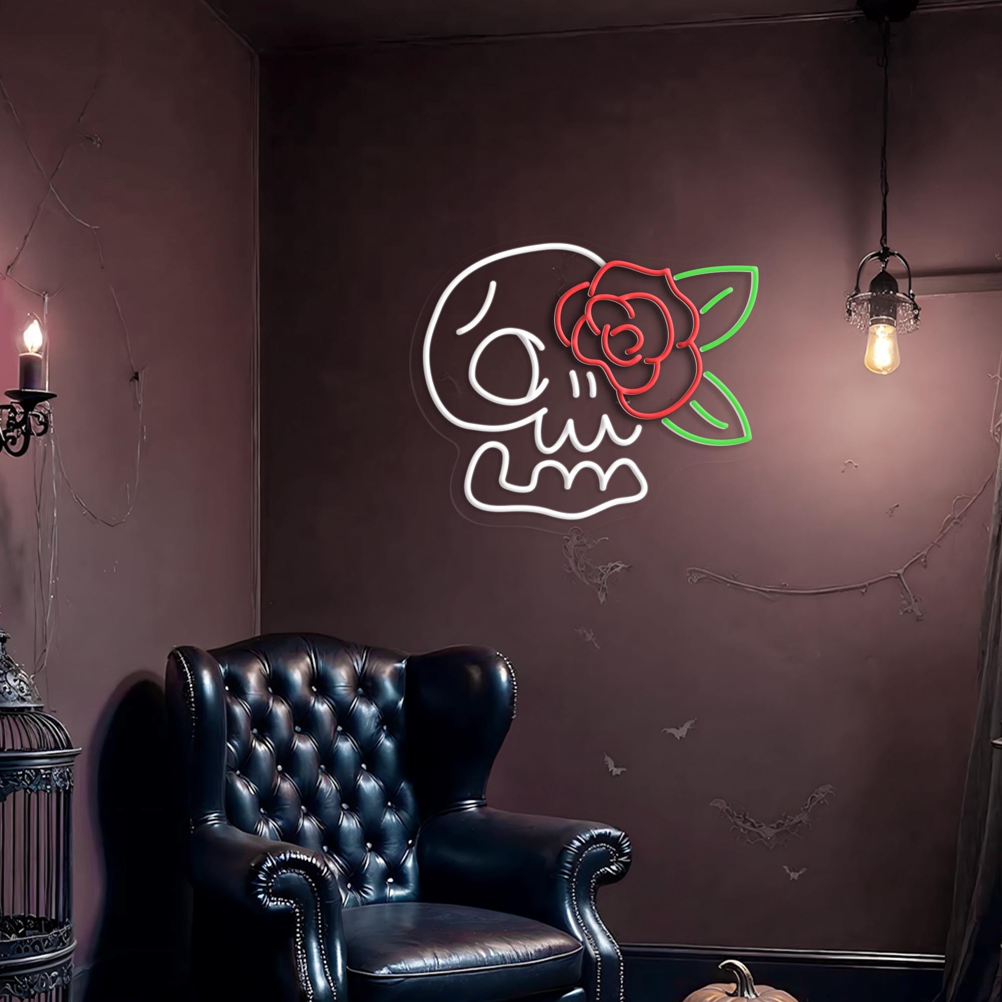 Skull Rose Neon Sign Custom Spooky Neon Light Skeleton Themed Decor, Gothic gift for Gothic Lovers, Halloween Decor Valentine Wall Art