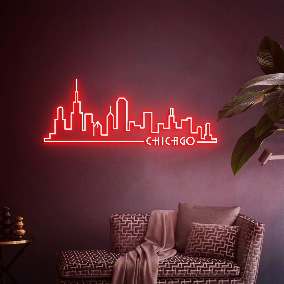 Chicago City Neon Sign, Chicago Skyline Art for Home Office Wall Decoration, Gift for Chicago Travel, Chicago Artwork