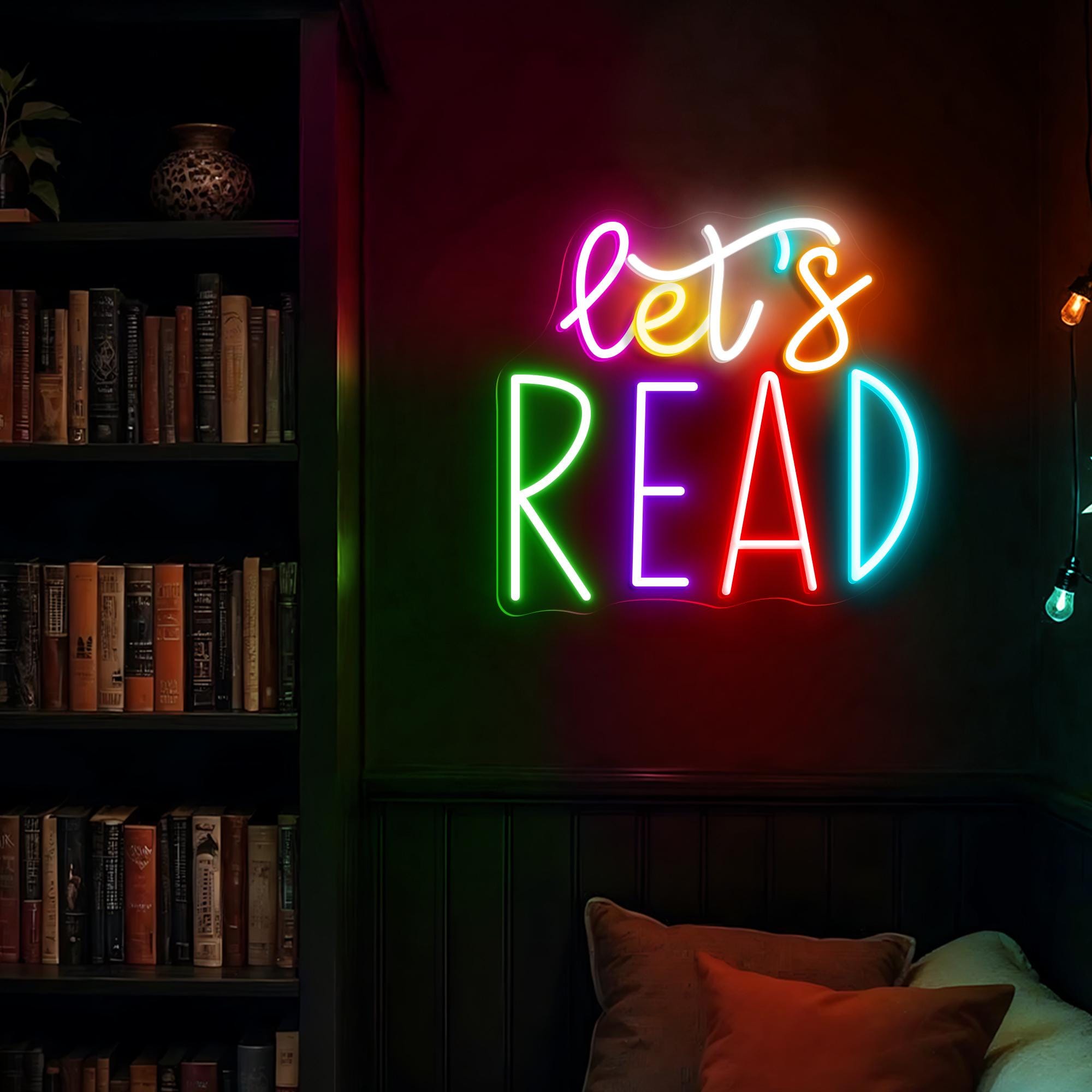 Let's Read Neon Sign Classroom Educational Neon Sign Decor Classroom Decor Pastel Rainbow Neon Book Nook Library Neon Decor Bookshelf Decor