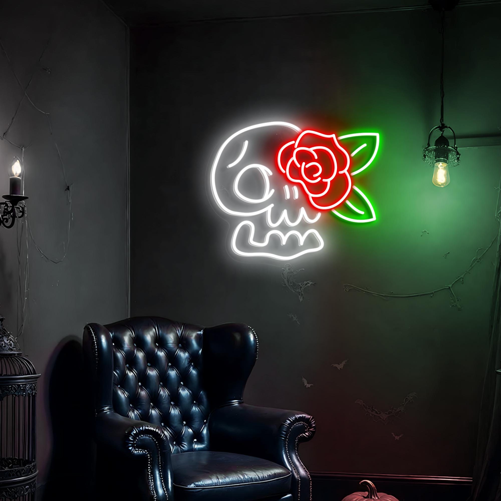 Skull Rose Neon Sign Custom Spooky Neon Light Skeleton Themed Decor, Gothic gift for Gothic Lovers, Halloween Decor Valentine Wall Art