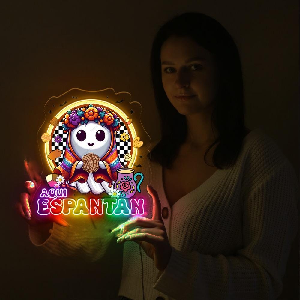Aqui Espantan Neon, Mexico Conchas Neon, Spooky Conchas Neon, Concha Ghost, Dia De Muertos Neon, Mexico Halloween Neon, Hispanic Halloween.