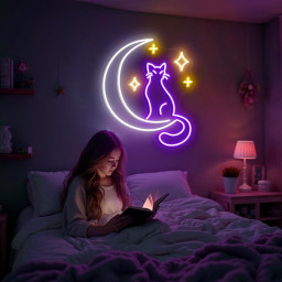 Cat Moon Neon Sign - Crescent Moon & Cat LED Wall Light - Cute Aesthetic Neon Sign for Bedroom, Living Room, Gift for Cat Lovers, Home Decor