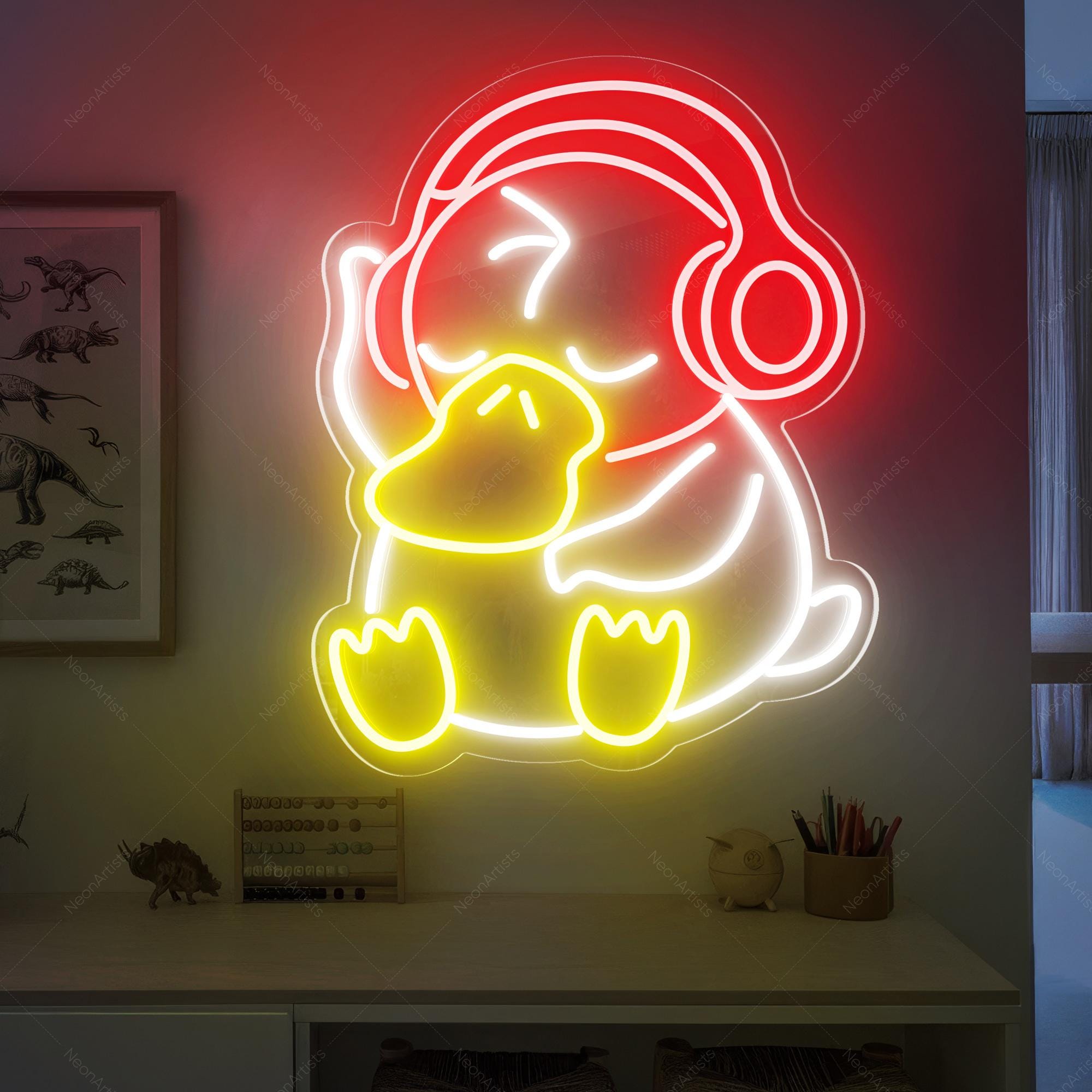 Cute Cartoon Duck With Headphones LED Neon Sign, Game Room Neon Sign, Personalized Gifts, Anime duck neon Sign, Anime Neon Sign