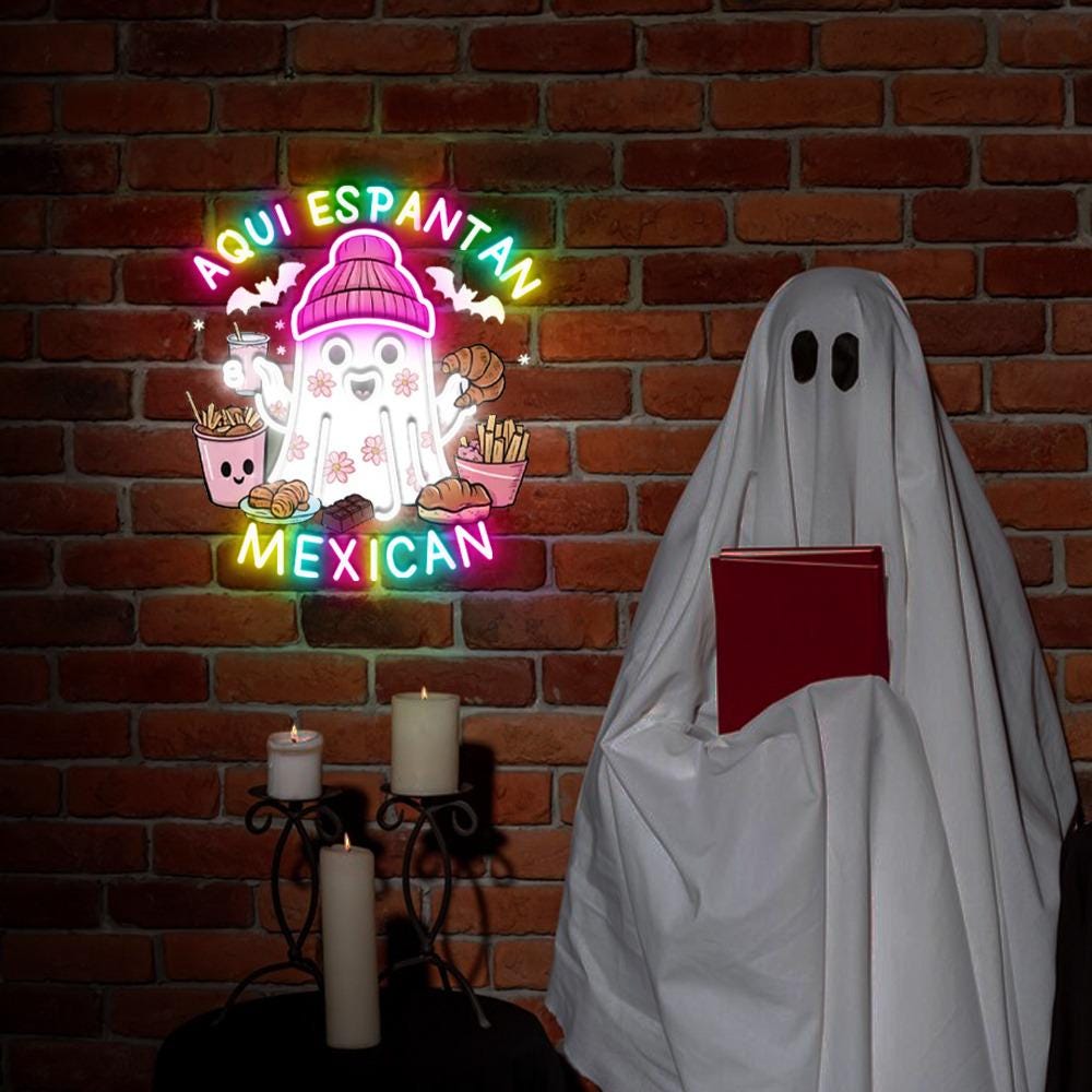Funny Mexican Ghost Neon, Aqui Espantan Ghost Neon for Halloween, Spooky Mexican Ghost Neon, Cute Spanish Halloween Neon,Mexican Boo Neon.