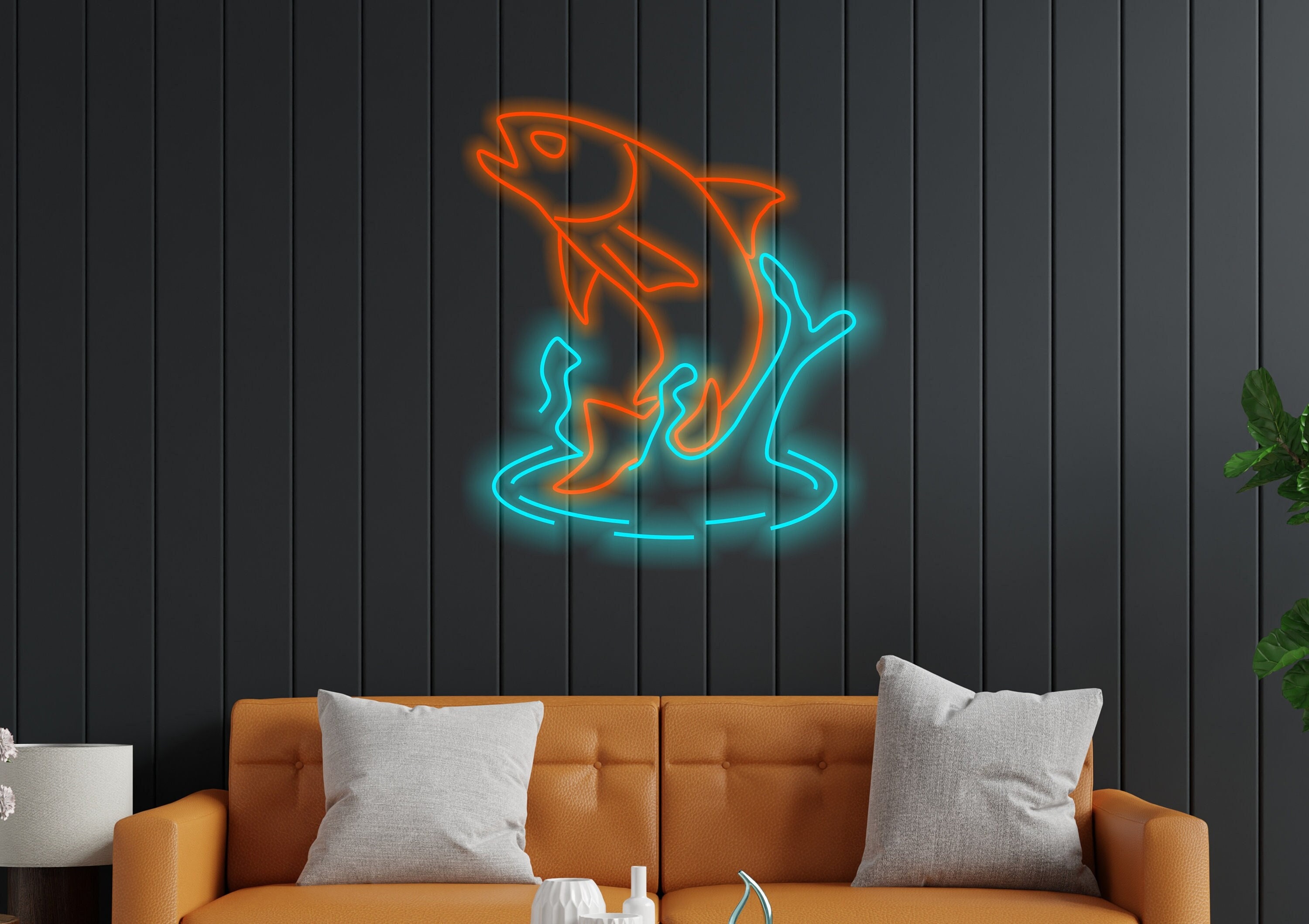 Salmon Fish Neon Sign, Neon Sign As A Gift For A Fisherman, Alaskan Salmon In Water Neon Sign, Silver Salmon Neon