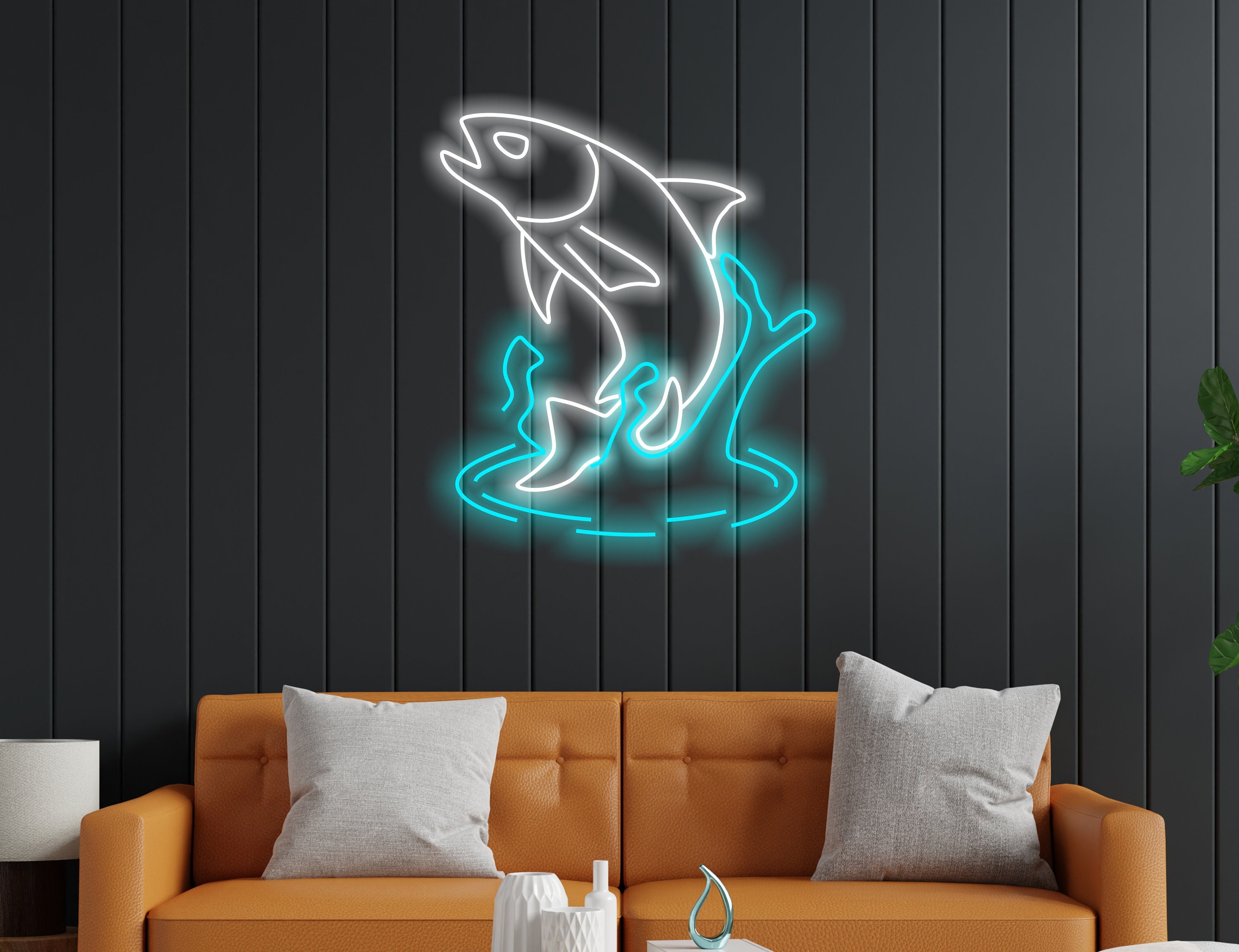 Salmon Fish Neon Sign, Neon Sign As A Gift For A Fisherman, Alaskan Salmon In Water Neon Sign, Silver Salmon Neon