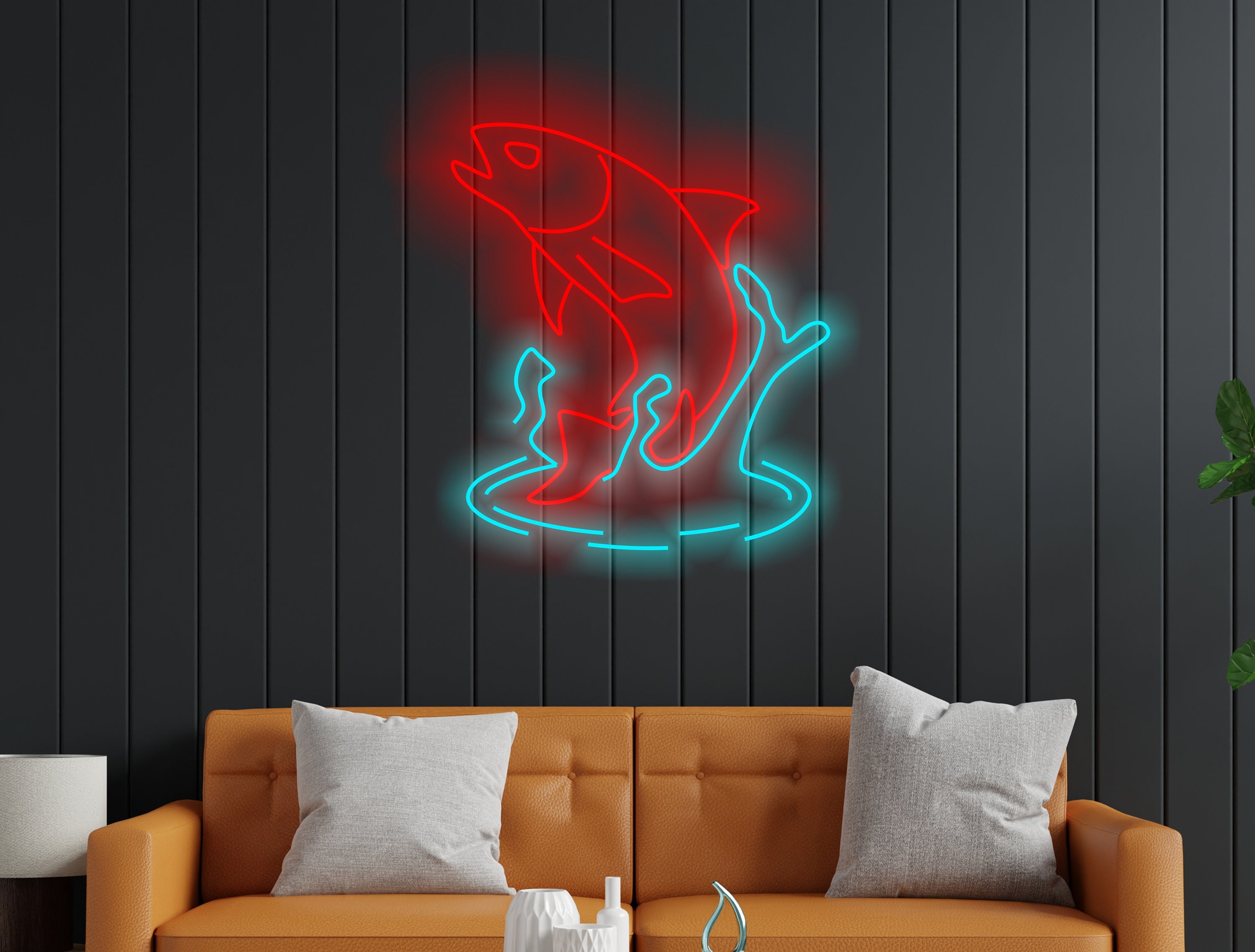 Salmon Fish Neon Sign, Neon Sign As A Gift For A Fisherman, Alaskan Salmon In Water Neon Sign, Silver Salmon Neon