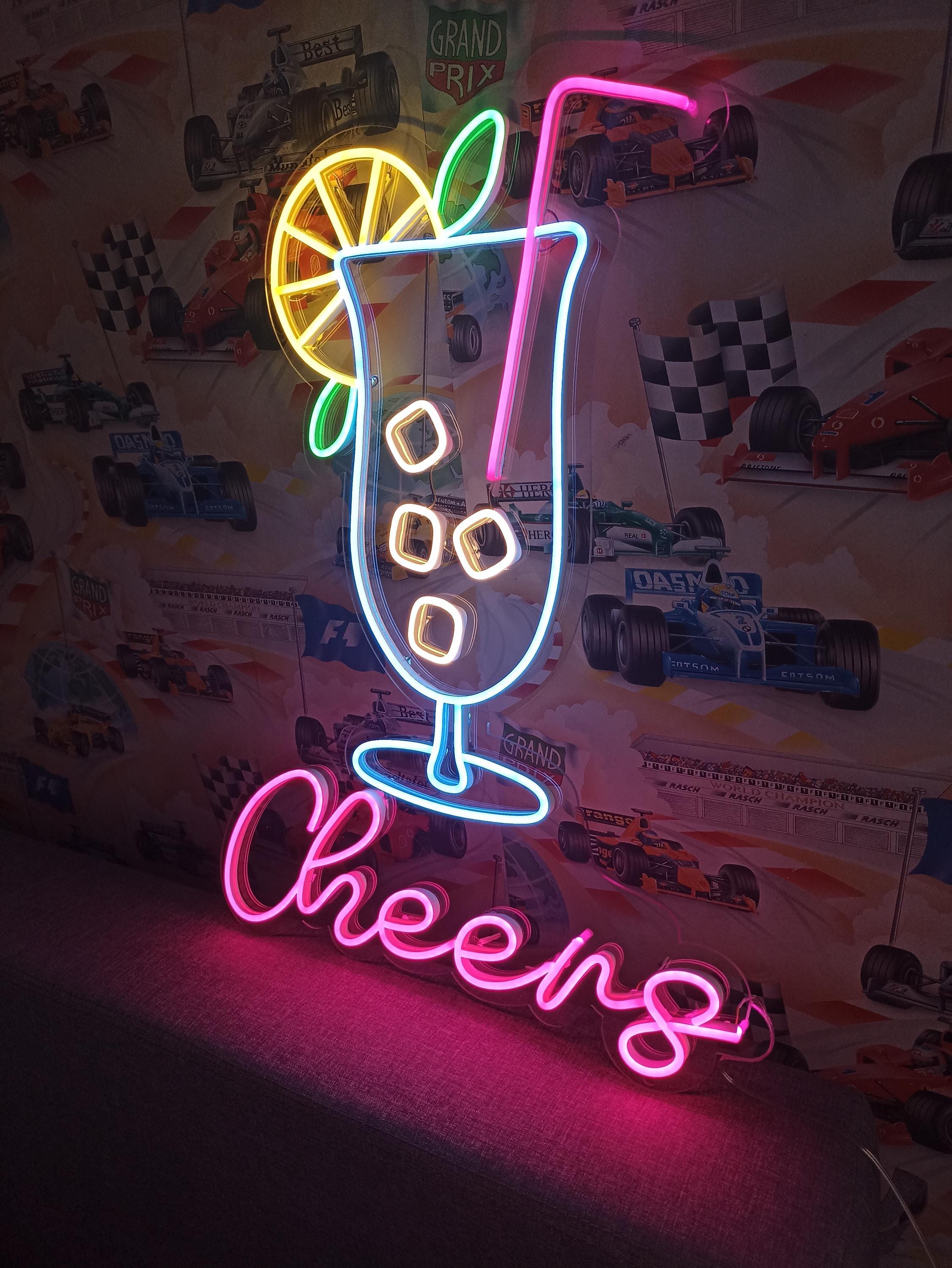Neon Cocktail Sign, Cheers Neon Sign, Led Neon Cocktails Sign With Cheers, Cocktail Glass Neon Light, Cocktail Bar Neon Sign