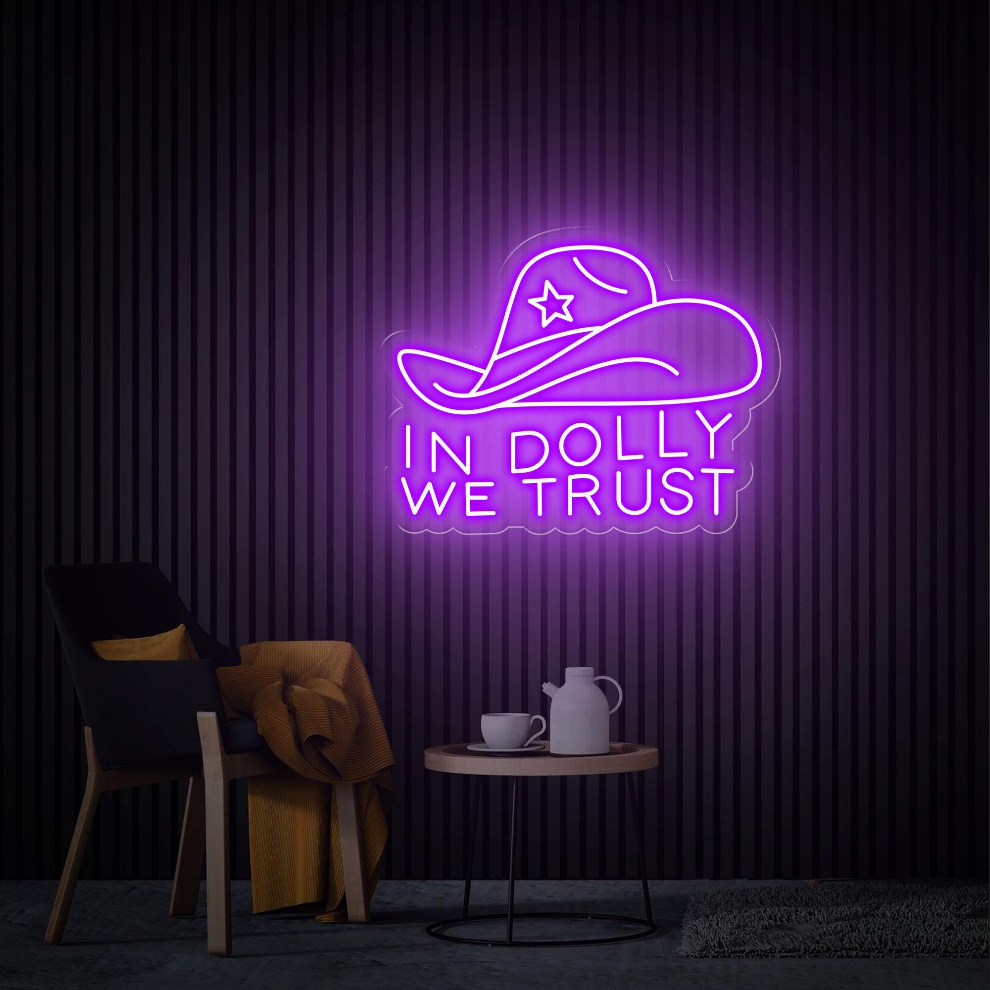 In Dolly We Trust Neon Sign, Cowboy Hat Led Sign, Custom Western Decor Sign, Cowboy Themed Party Decor, Personalized Gifts Bedroom Neon Sign