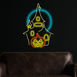 Haunted Castle Neon, Ghostly Pumpkin Neon Lights, Ghostly Glow Pumpkin Sign, Haunted Pumpkin Neon Display, Halloween Spirit Neon Sign