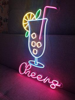 Neon Cocktail Sign, Cheers Neon Sign, Led Neon Cocktails Sign With Cheers, Cocktail Glass Neon Light, Cocktail Bar Neon Sign