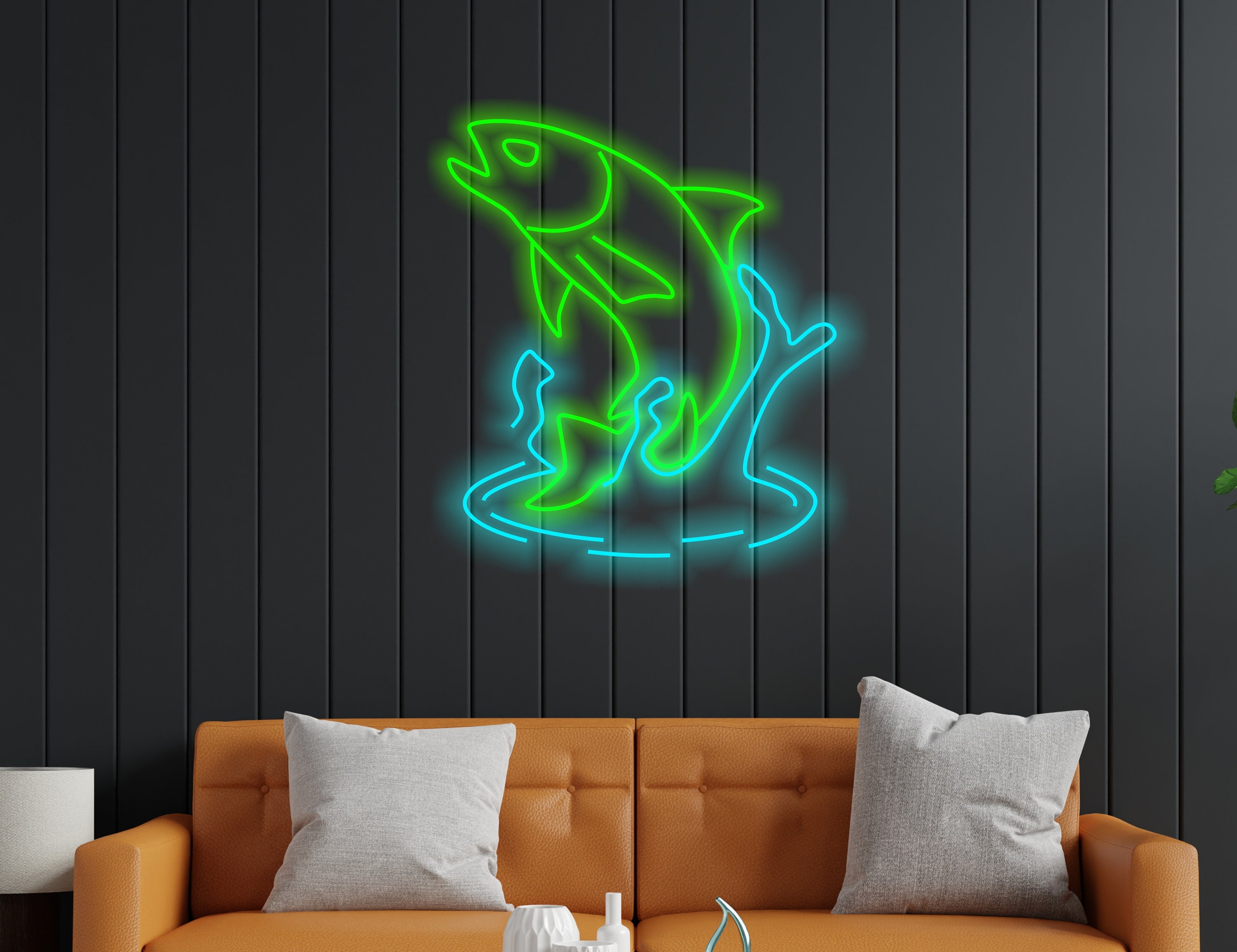 Salmon Fish Neon Sign, Neon Sign As A Gift For A Fisherman, Alaskan Salmon In Water Neon Sign, Silver Salmon Neon