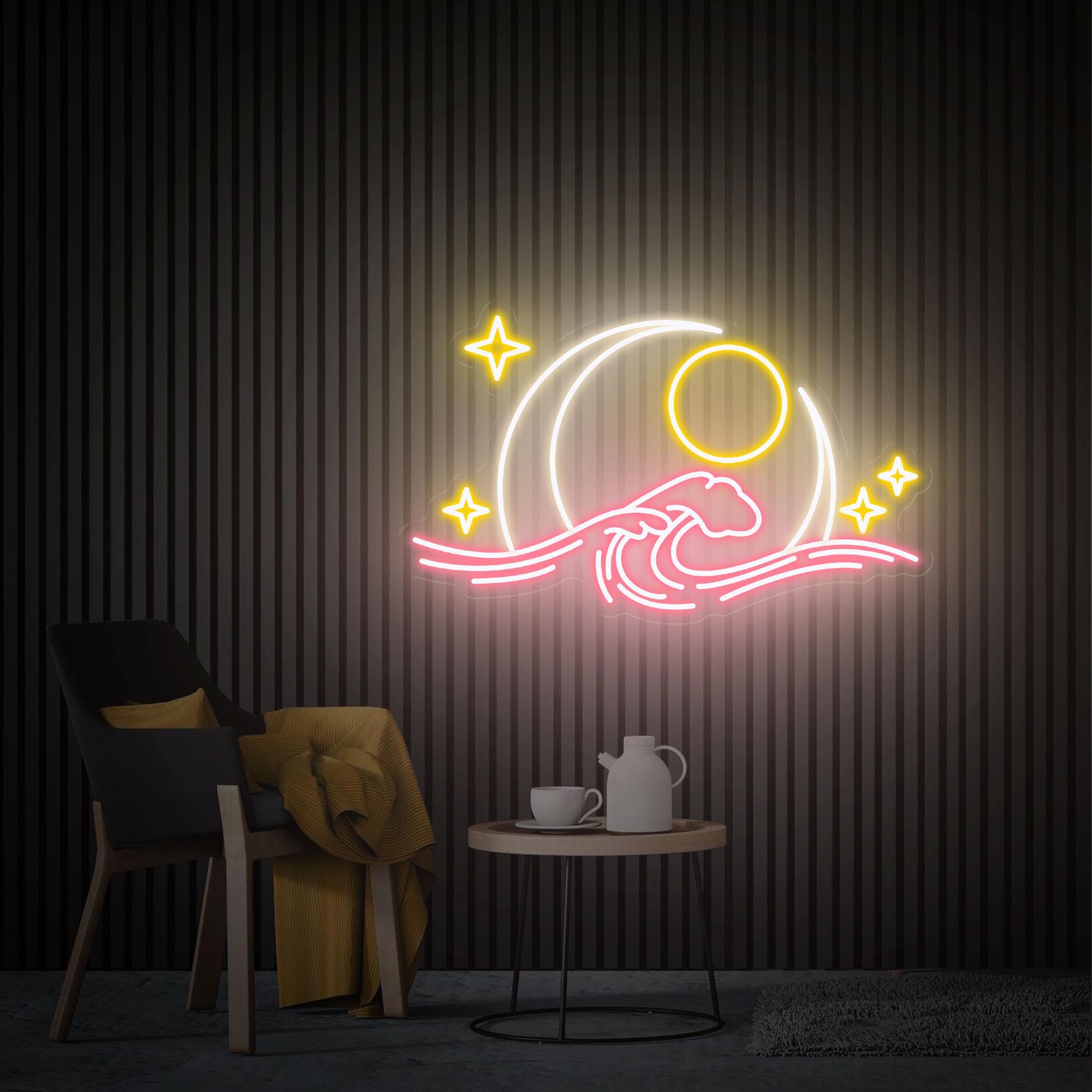Wave Moon Neon Sign, Moon and Sun Neon Wall Art, Wave Ocean Neon Sign, Custom Neon Sign, Beach Led Lights, Home Bedroom Decor Christmas Gift