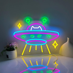 UFO Neon Sign, UFO Cat Led Sign, Neon Led Wall Art, Game Room Neon Sign, Custom Neon Signs, Flying Saucer Bedroom Decor, Gift for Kids