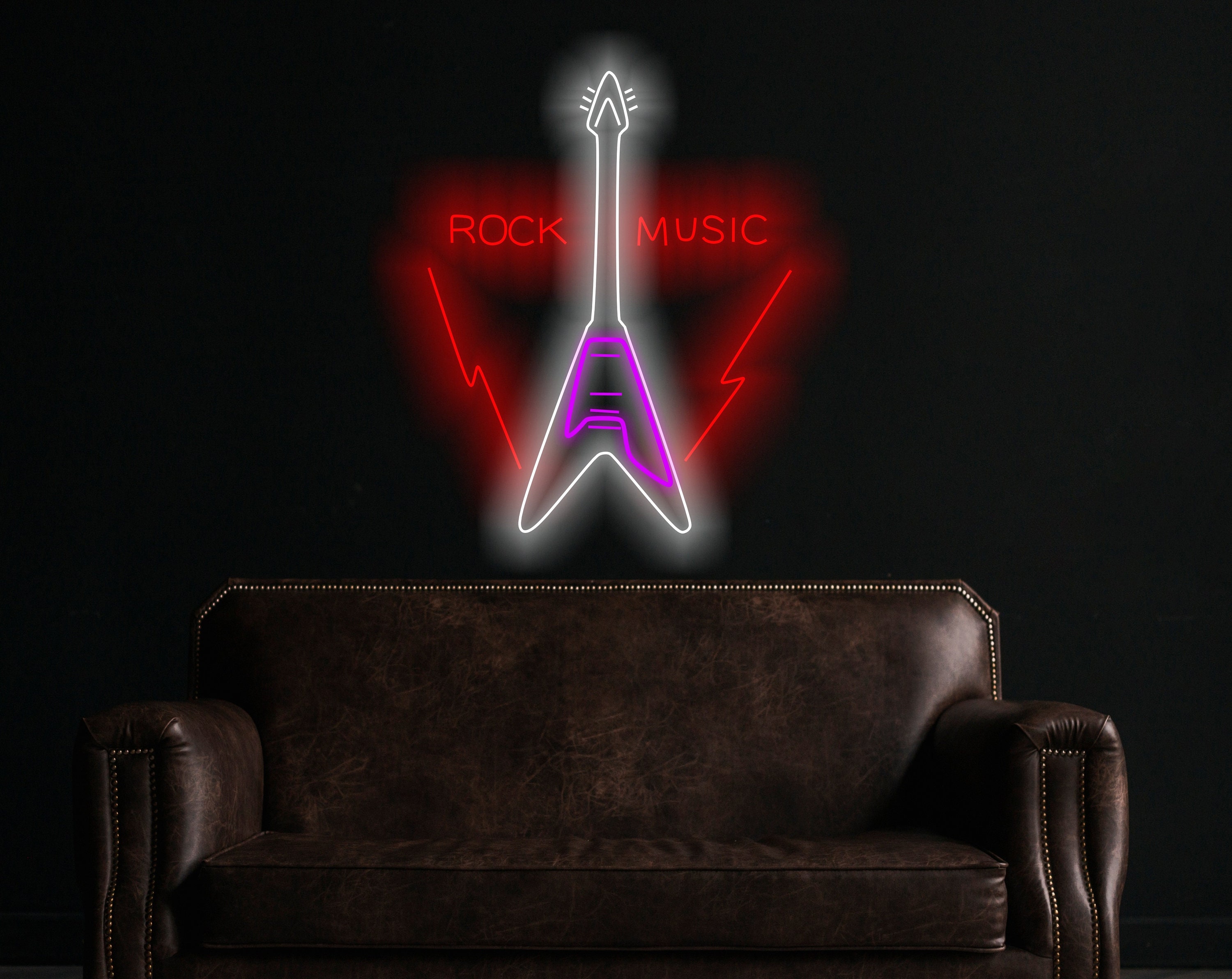 Rock Music Guitar Neon Sign, Electric Guitar Neon Sign, Guitar Neon Sign With Rock Logo, Custom Guitar Neon Sign, Rock Music Neon Wall Art