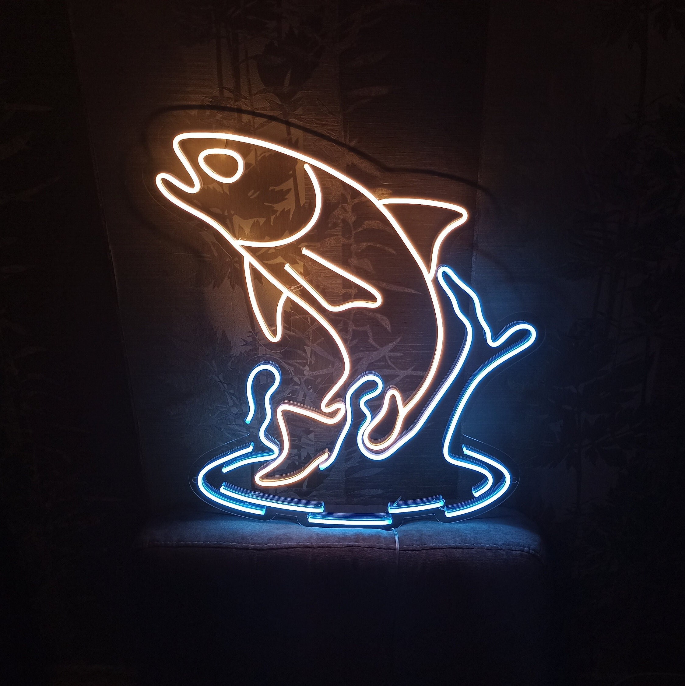 Salmon Fish Neon Sign, Neon Sign As A Gift For A Fisherman, Alaskan Salmon In Water Neon Sign, Silver Salmon Neon