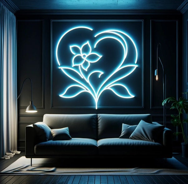Neon Sign Valentine's Day, Heart Shaped Flower Neon Sign