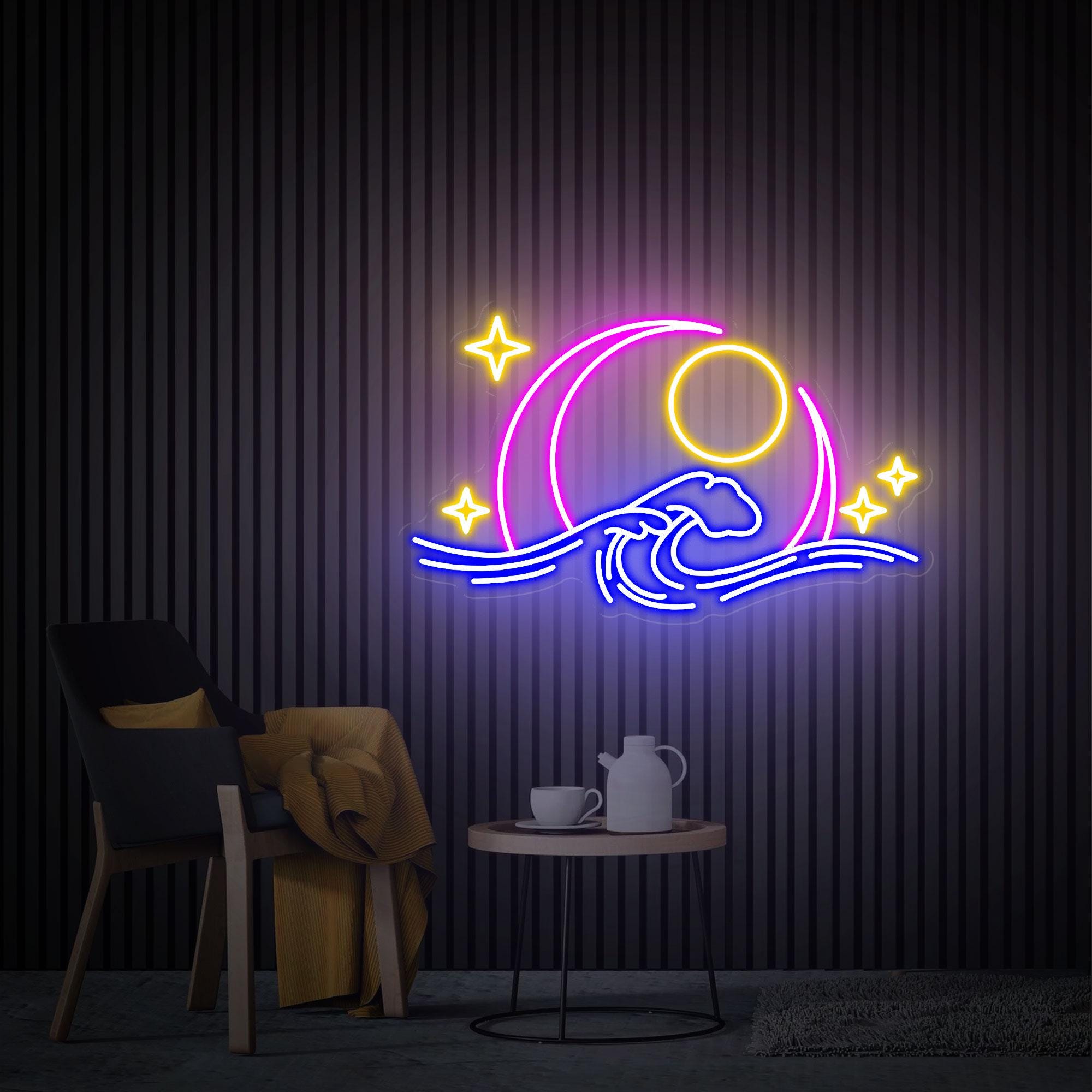 Wave Moon Neon Sign, Moon and Sun Neon Wall Art, Wave Ocean Neon Sign, Custom Neon Sign, Beach Led Lights, Home Bedroom Decor Christmas Gift