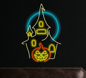 Haunted Castle Neon, Ghostly Pumpkin Neon Lights, Ghostly Glow Pumpkin Sign, Haunted Pumpkin Neon Display, Halloween Spirit Neon Sign