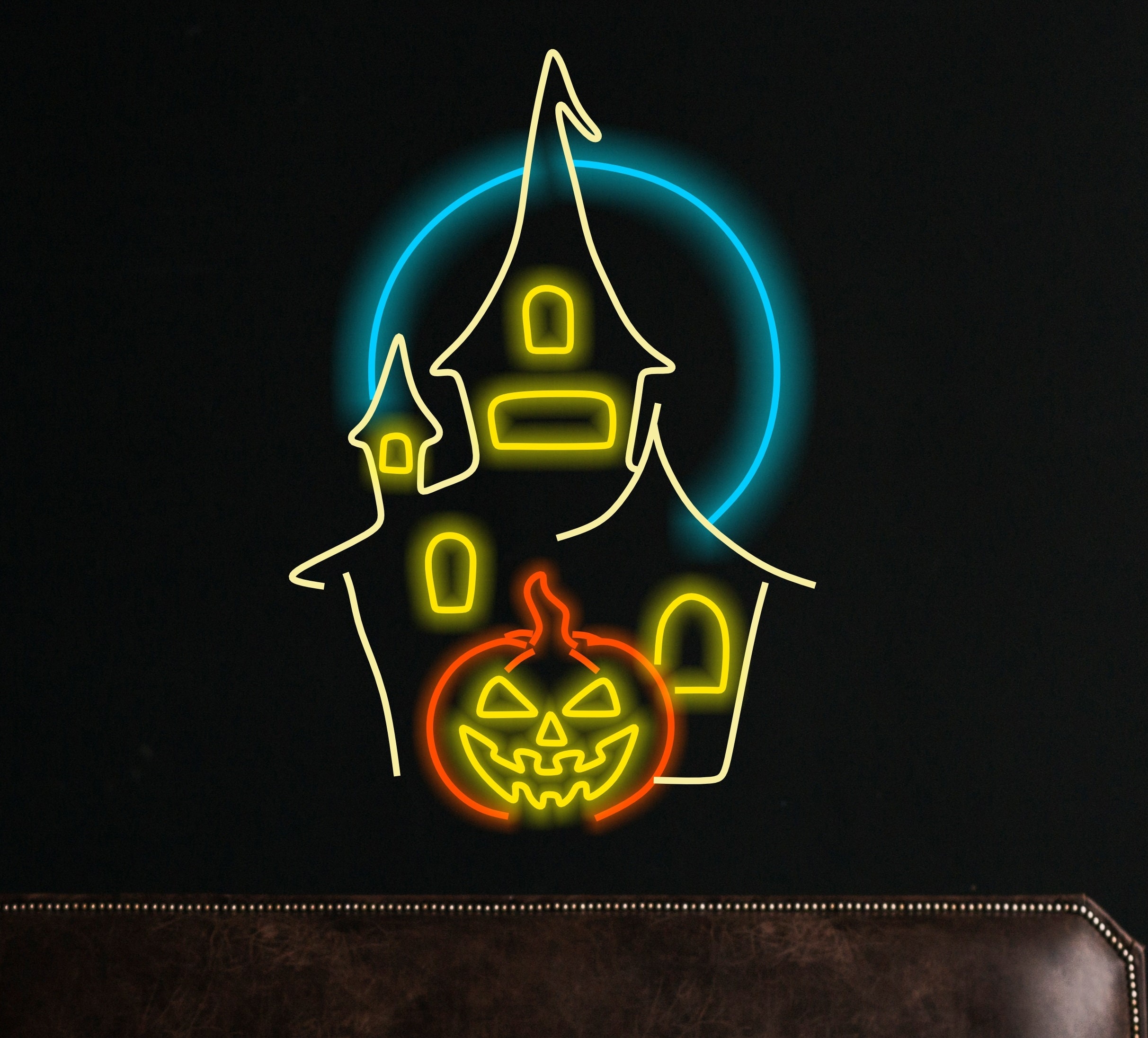 Haunted Castle Neon, Ghostly Pumpkin Neon Lights, Ghostly Glow Pumpkin Sign, Haunted Pumpkin Neon Display, Halloween Spirit Neon Sign